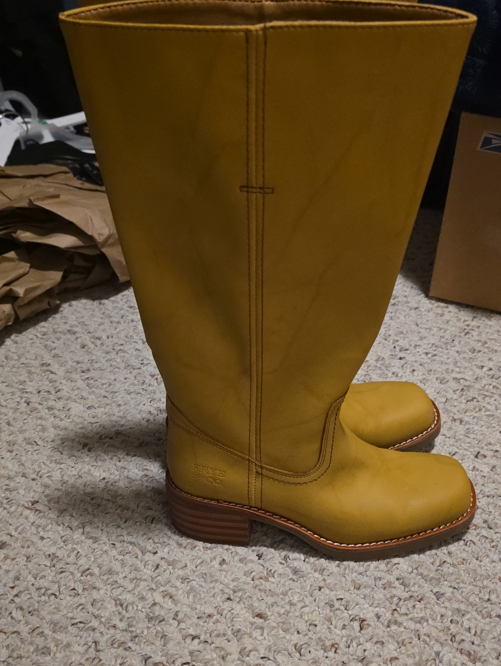 FRYE AND CO. Mustard Yellow Leather Mid-Wide Calf Heeled Boots